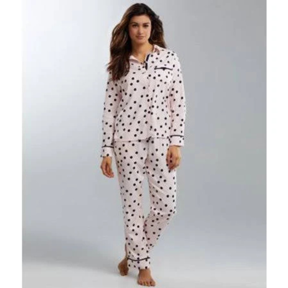 1015 Kate Spade Pink Polka Dot Pajama Set Womens Button Front Long Sleeve